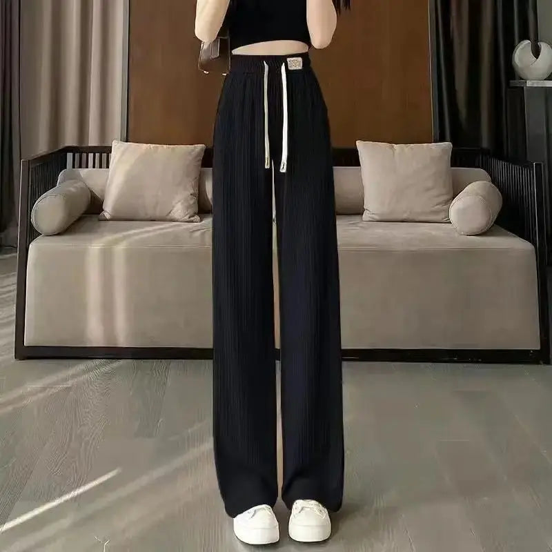 High Quali Ice Silk Wide Leg Pants Women's Straight Leg Casual Trousers Summer New Sle Trendy High Waist Nine Points