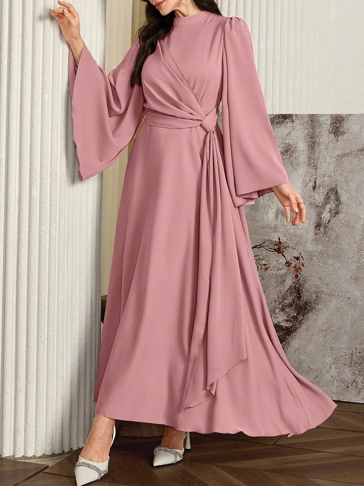 Rafiah Women's Dress 2025 Elegant Casual Arabic Style Dress with Waist Tie for Daily Simple Wear Long Evening Dress
