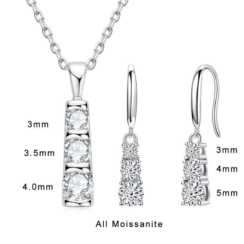 Lnngy Three Stone Moissanite Jewelry Set 925 Sterling Silver Pendant Necklace Dangle Earring For Couples Lovers' Wedding Gift