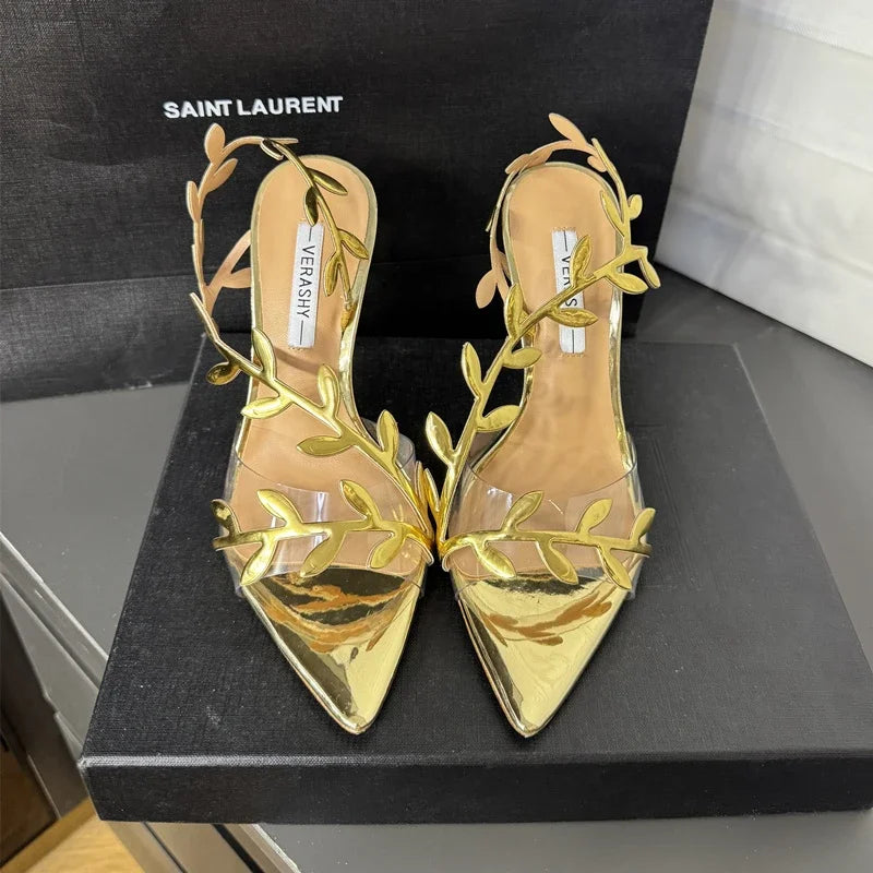 Gold High Heels Women 2025 Summer New Metal Patent Leather Leaf Thin Heel Pointed Open Toe Purple Sandals