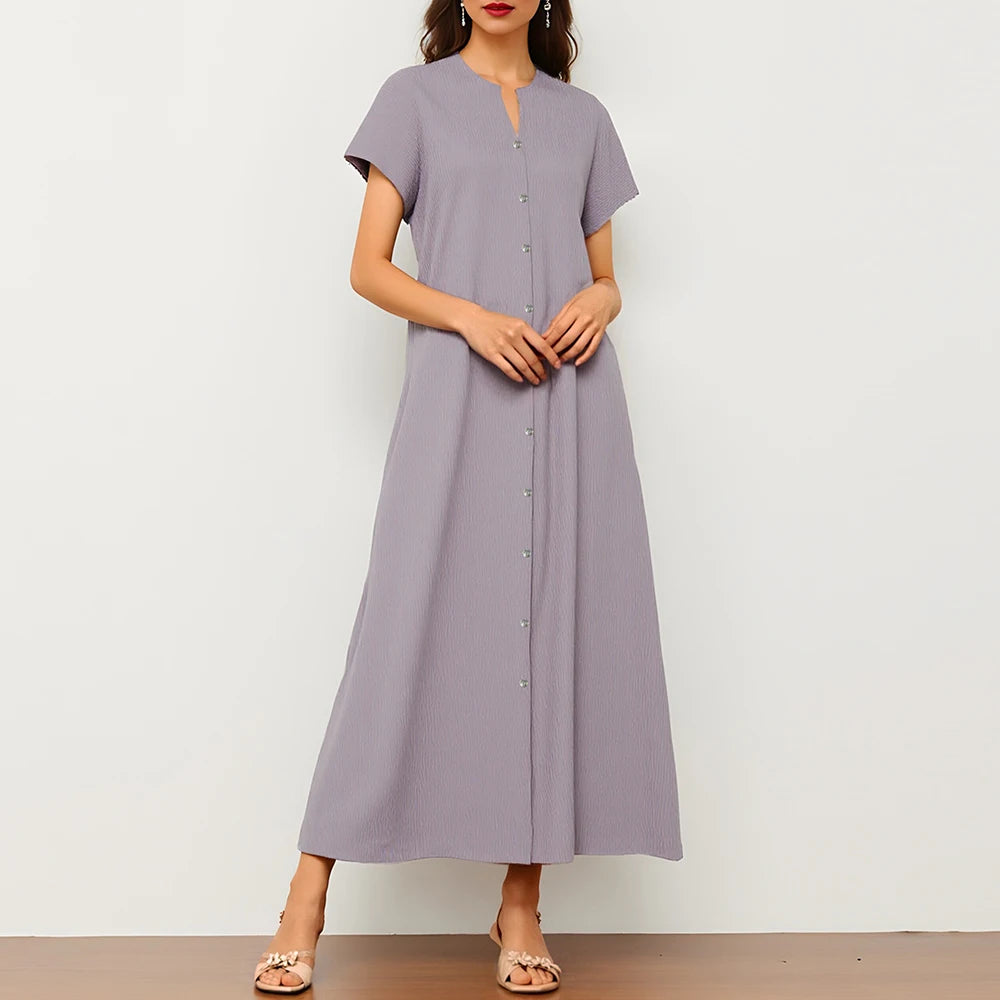 Rafiah Women's Summer 2025 Dress Solid Color Round Neck Button-Front Short Sleeves Flowing Silhouette office Lday Dress