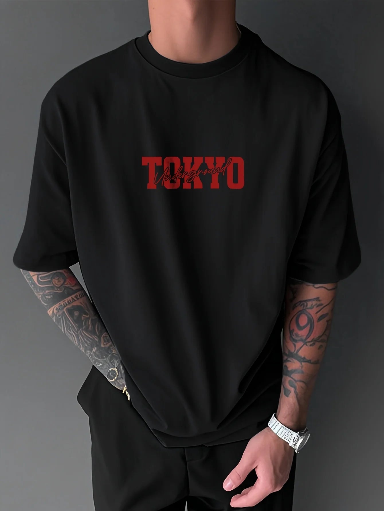 Men's Summer 100% Cotton Fashionable Casual Loose Large Size Japanese Tokyo Pattern Printed Round Neck Short Sleeve T-shirt Top