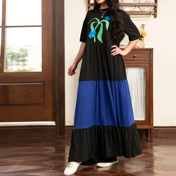 Rafiah Women's Arabian Dress Summer Graphic Printing Chic Casual Contrast Color Short Sleeve Crew Neck Maxi A-Line Long Dress