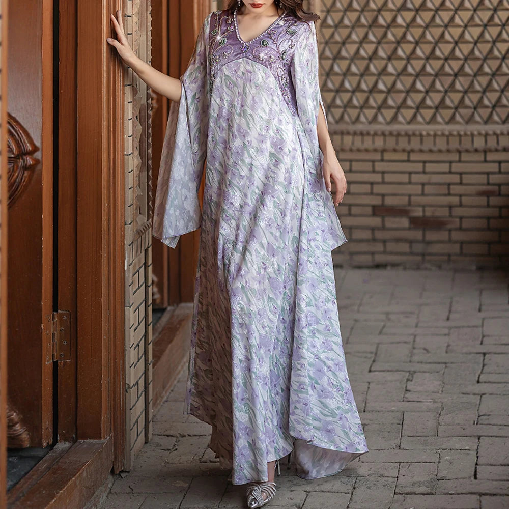 Rafiah Summer Dress 2025 Women's Sophisticated Beading Long Sleeve V-Neck Dating Long Arabian Dress
