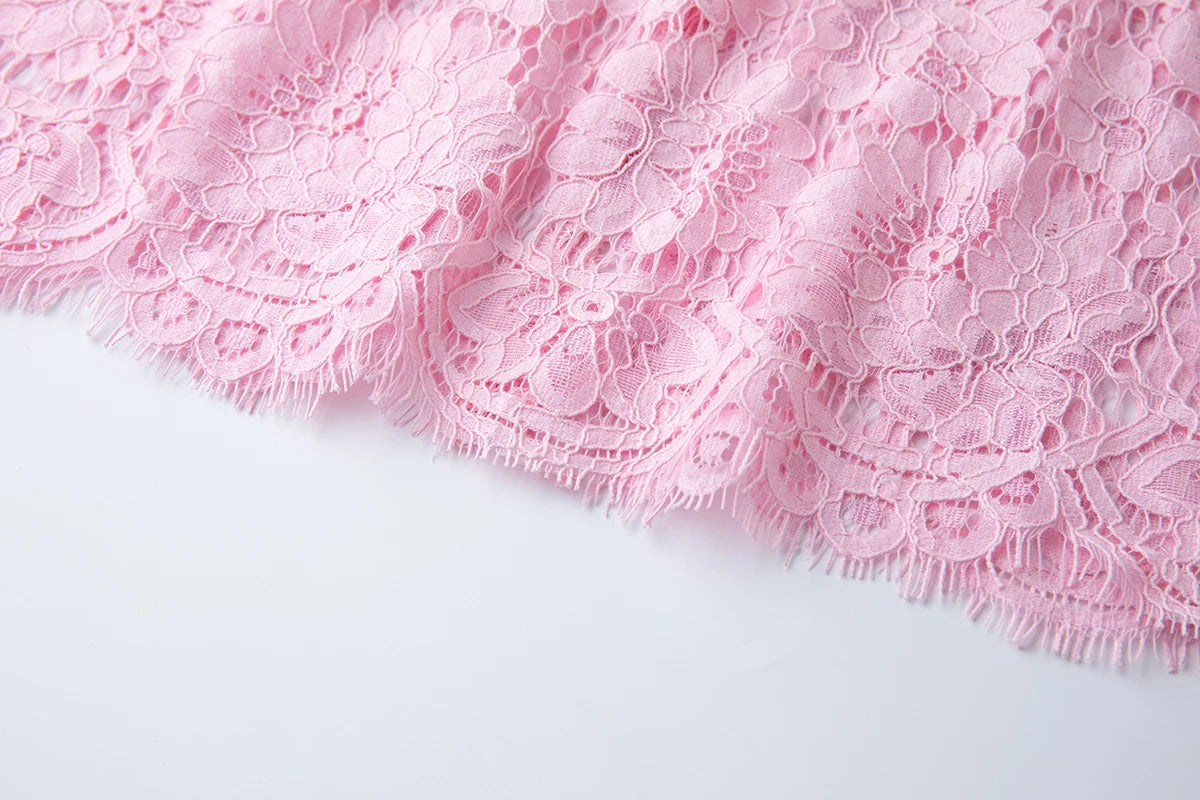 Luxury Eyelash Lace Mid-Calf Party Dress – Women’s Summer Short Sleeve A-Line with Crystal Beading, Hollow-Out Design – Pink Bridesmaid & Prom Gown