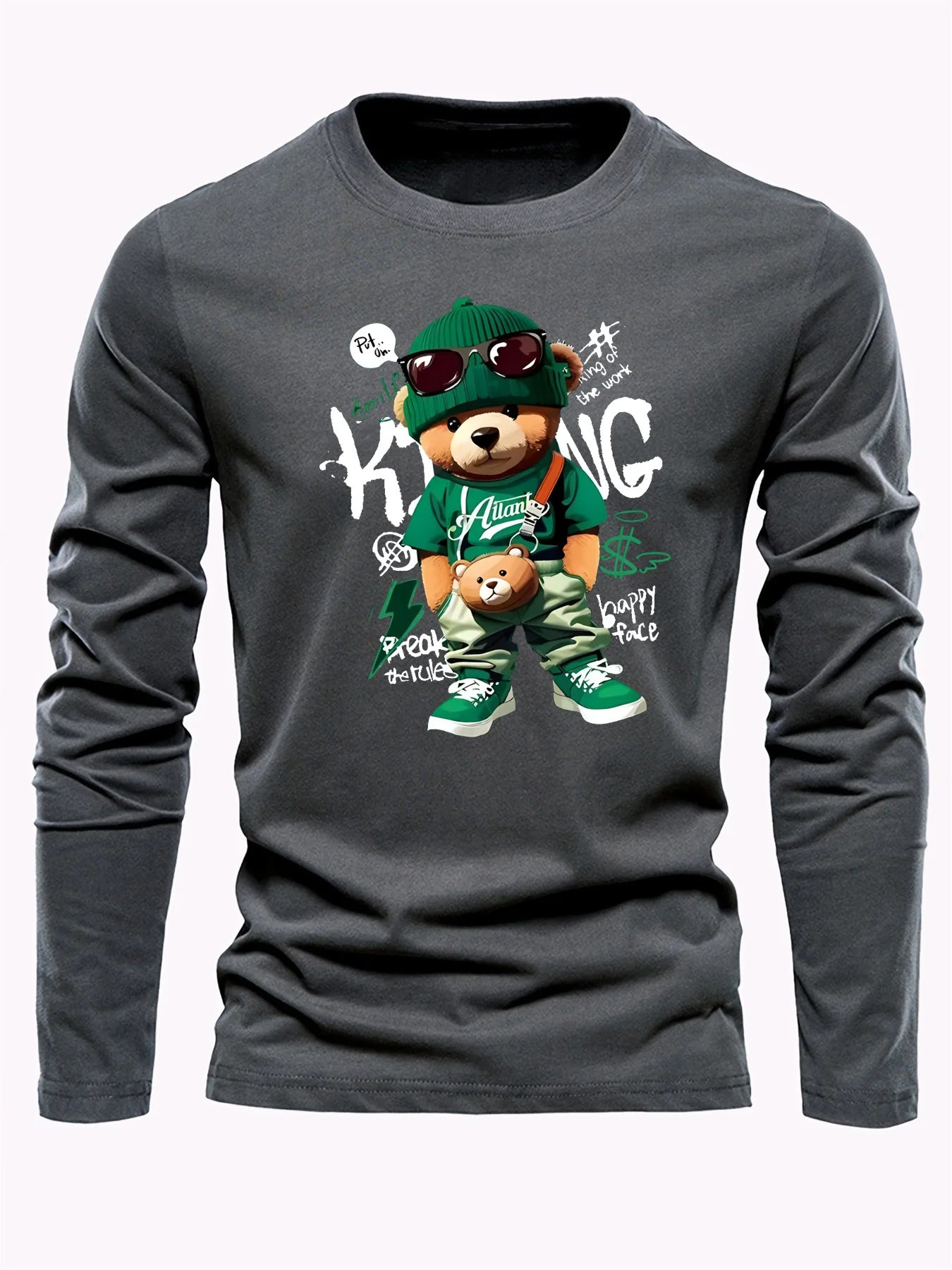 Men's 100% pure cotton loose and comfortable sports casual fashion cartoon bear print round neck long sleeved T-shirt top
