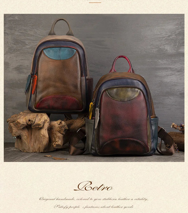 MOTAORA 2025 Soft Cowhide Leather Backpack Large Capacity Two-Tone Spliced Hand Painted College Student Travel Hiking Casual Bag