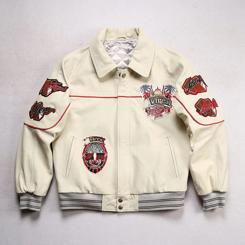Men leather jacket sheepskin retro leisure Europe the United States large size flight suit loose version casino poker warm