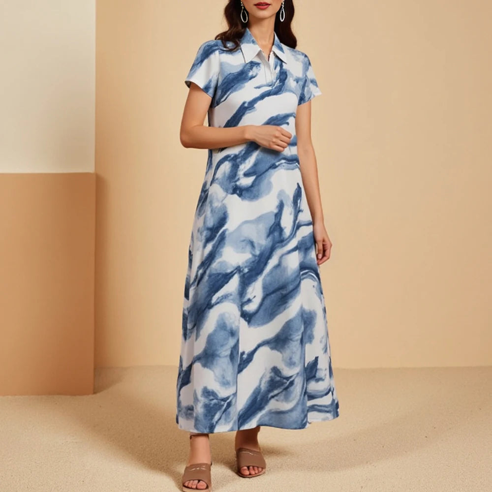 Rafiah Women's Dresses Summer French Elegant Decent 2025 Tie Dye Short Sleeve Shirt Collar Mini A Line Workwear Dresses