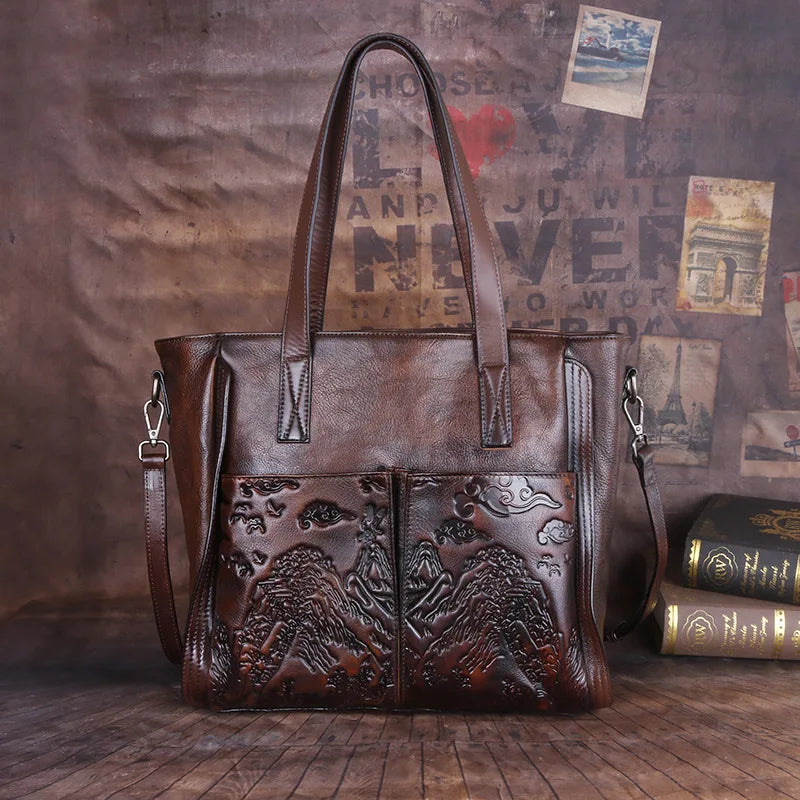 MOTAORA Vintage Genuine Leather Handbag for Women Handmade Embossed Tote Bag Casual Shoulder Bag Purse 2025 Trendy Designer