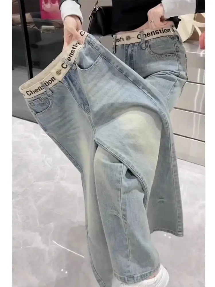 Slim Straight Jeans Women's New 2025 Summer Slimming Floor-Length Pants plus Size Versatile Embroidered Meat Concealing Wide ...