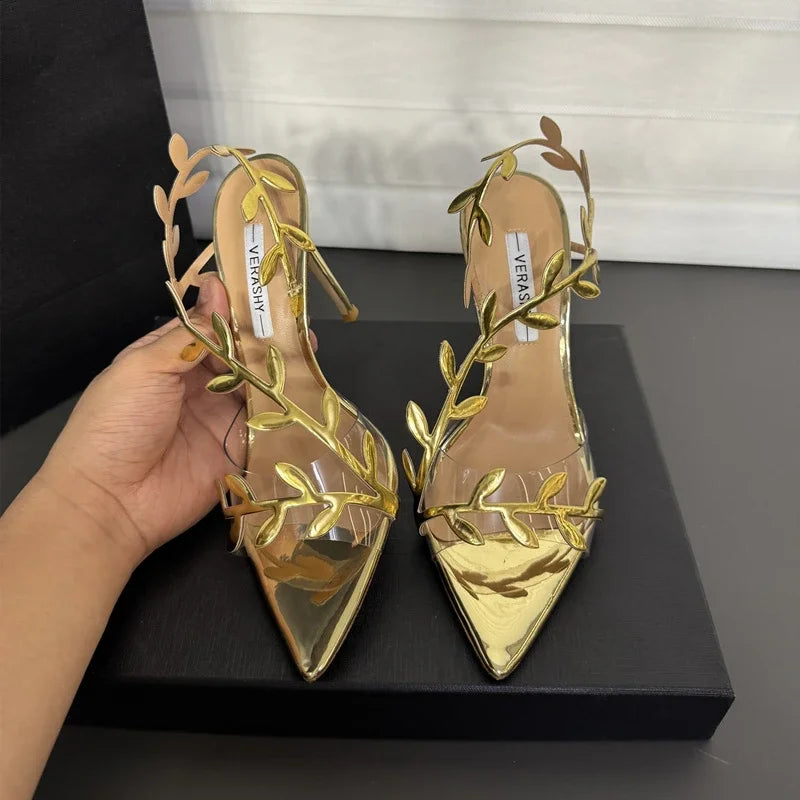 Gold High Heels Women 2025 Summer New Metal Patent Leather Leaf Thin Heel Pointed Open Toe Purple Sandals