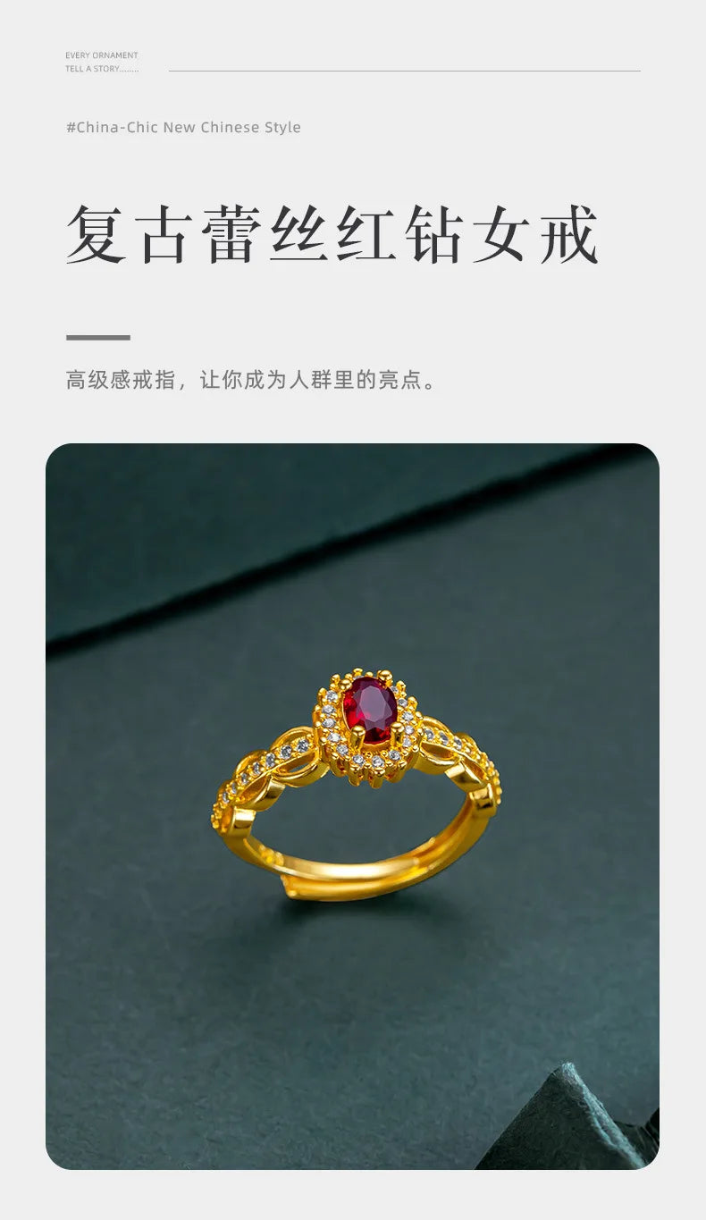9999 24K real gold store, same gold women's ring, lively ruby, luxurious and beautiful jewelry