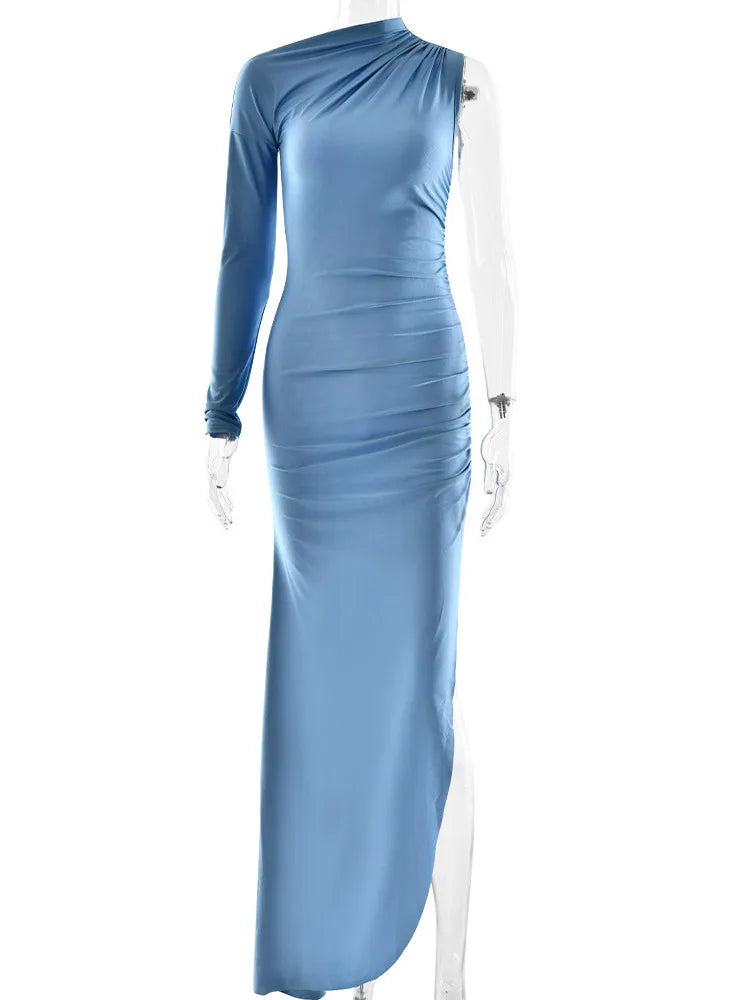 Articat Elegant Single Sleeve High Elasticity Tight Fold Dress Women New 2025 Winter Party Club Evening Dress Bodycon Vestdos