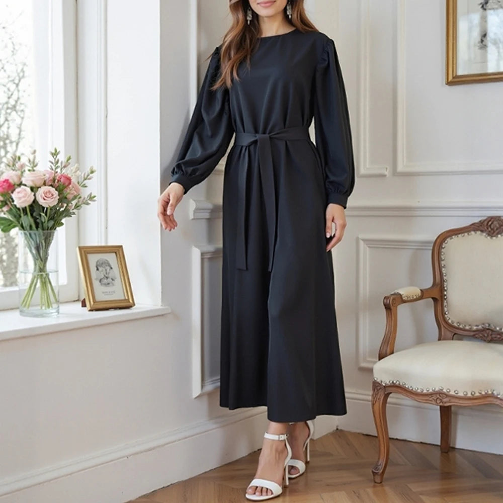 Rafiah Women's Summer Dress Decent Simple Plain Lace-up Cuff Sleeve Keyhole Neckline Midi A-line Casual Arabian Dress