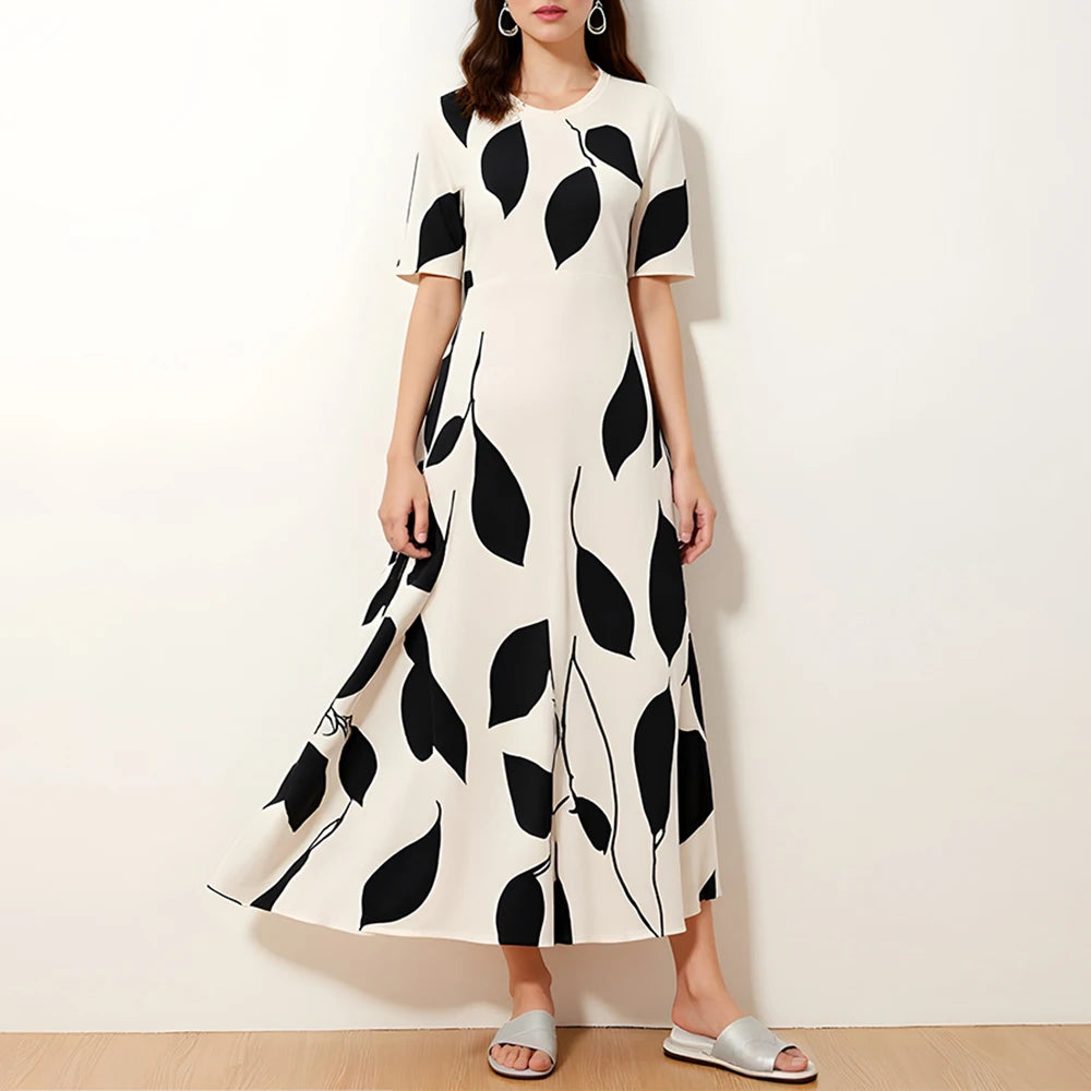 Rafiah Summer Arabian Dress 2025 Fashion Decent Contrast Color Short Sleeve V-Neck Midi A-Line Long Dress For Women