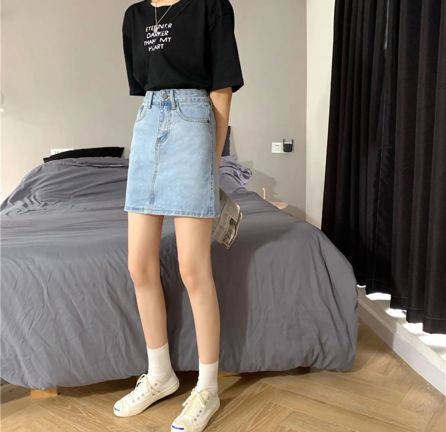 Spring New Women's Denim Skirt A-Line Flared Skirts Butt Covering Body Slimming f-length for plus Size MM