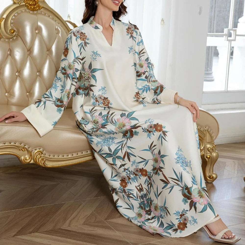 Rafiah Summer Dress 2025 Women's Arabian Elegant Botanical Print Rolled Long Sleeve Half Open Collar A-Line Midi Dress