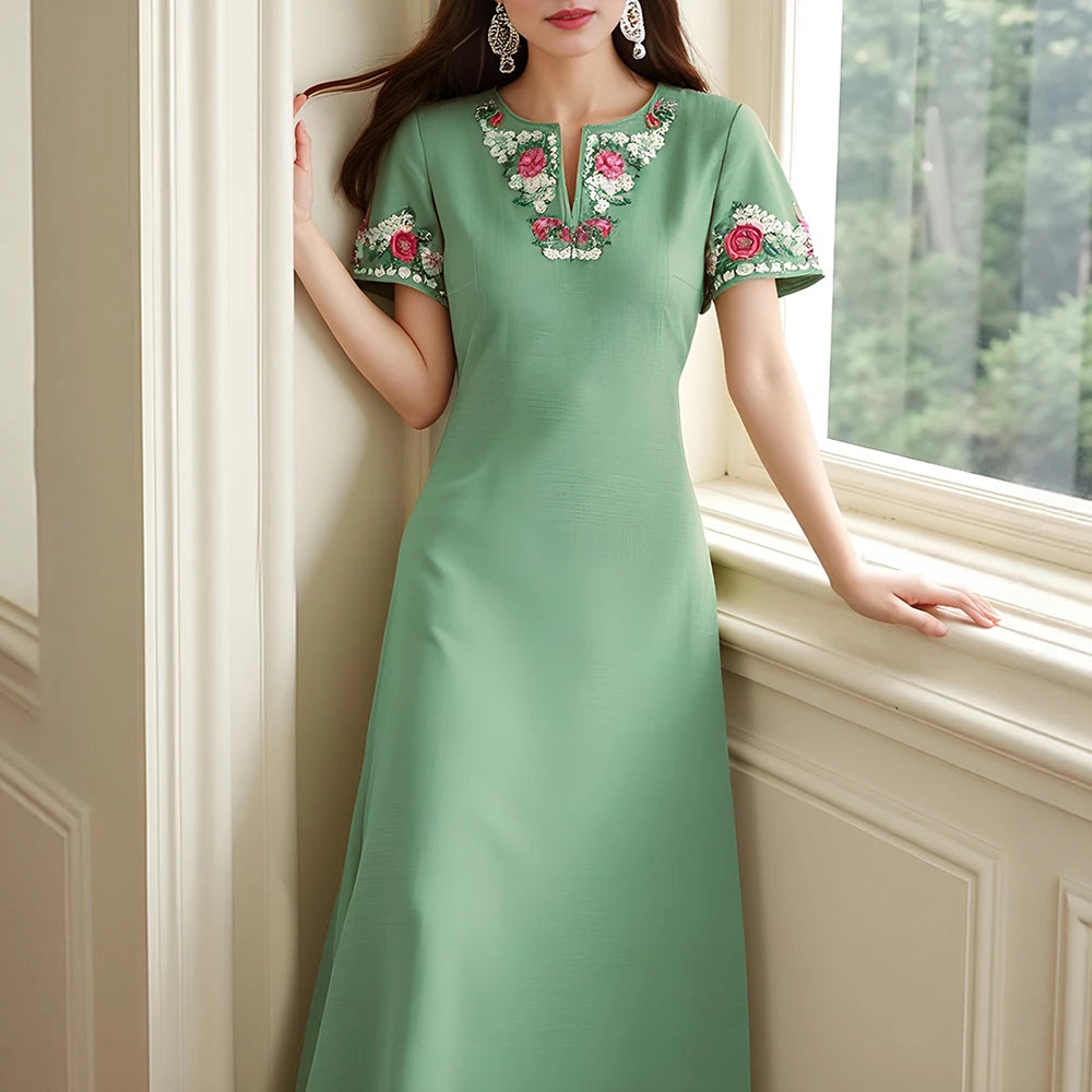 Rafiah Women's Summer 2025 Dress Solid Color V-Neck Floral Embroidered Fitted Silhouette Elegant Detailing Long Dress