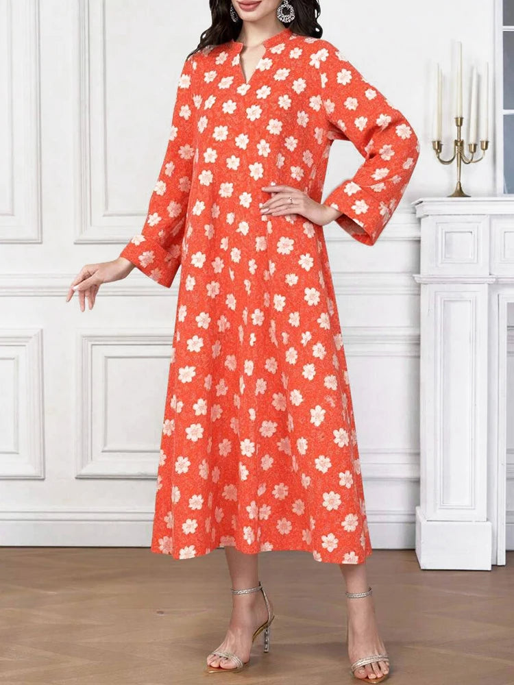 Rafiah Women's Arabian Dress Even Dress 2025 Summer Traditional Elegant Full Print Long Sleeve V-Neck Loose Fit Long Dress