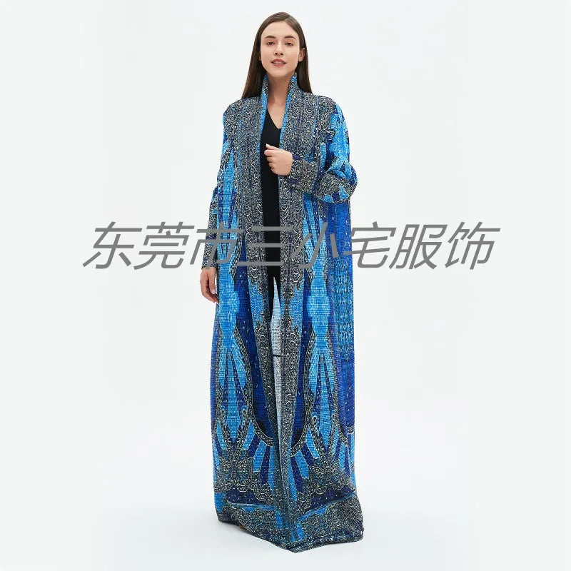 KAF Pleated Women Loose Plus Size Trench Coat 2024 Autumn New Vintage Printed Cardigan Design Arab Female Luxury Abaya