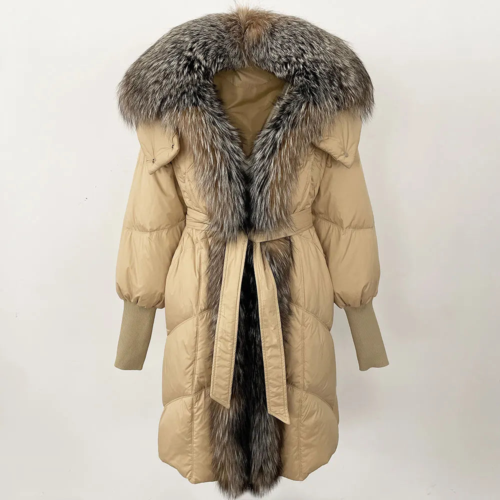 2025 Autumn Winter Women Coat Real Natural Fox Fur Long Down Jacket Thick Warm Casual Hooded White Duck Down Elegant Overwears