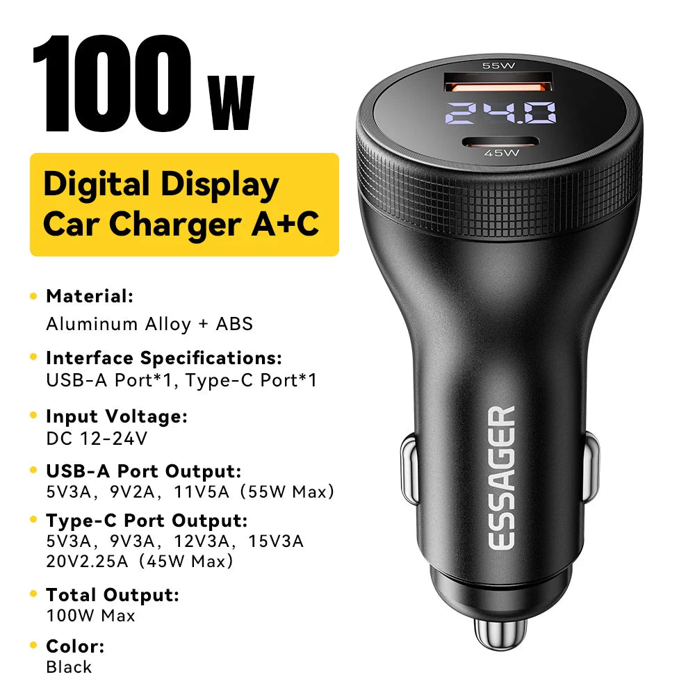 Essager 100W Car Charger USB C Quick Charge PD 45W for iPhone 15 pro 14 Xiaomi Poco Samsung Galaxy S24 Fast Charger Charging