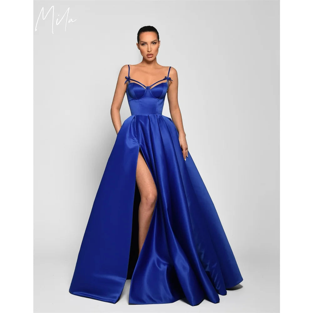 Mila A-Line Spaghetti Strap Prom Dresses Navy Blue Side High Split Evening Dresses 2025 Floor-Length Customized Party Dresses