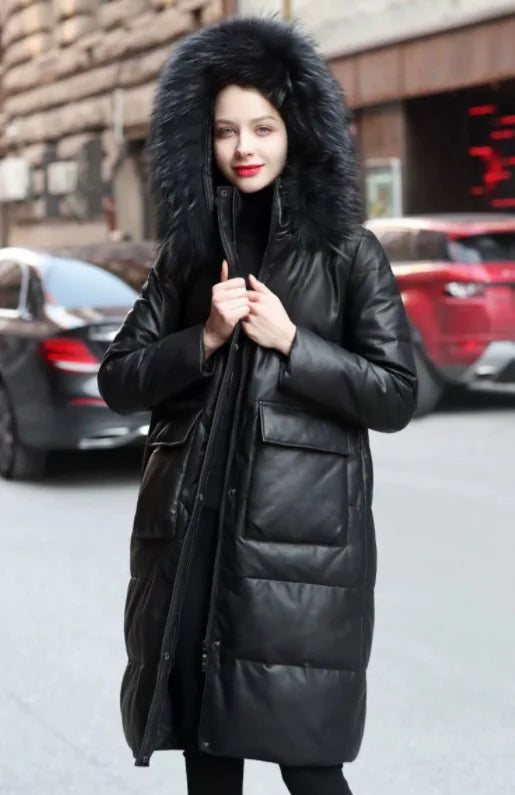 YOLANFAIRY Winter Long Coat Women's Genuine Leather Down Jacket for Women Sheepskin Coats Female Loose Versatile Fur Collar FCY