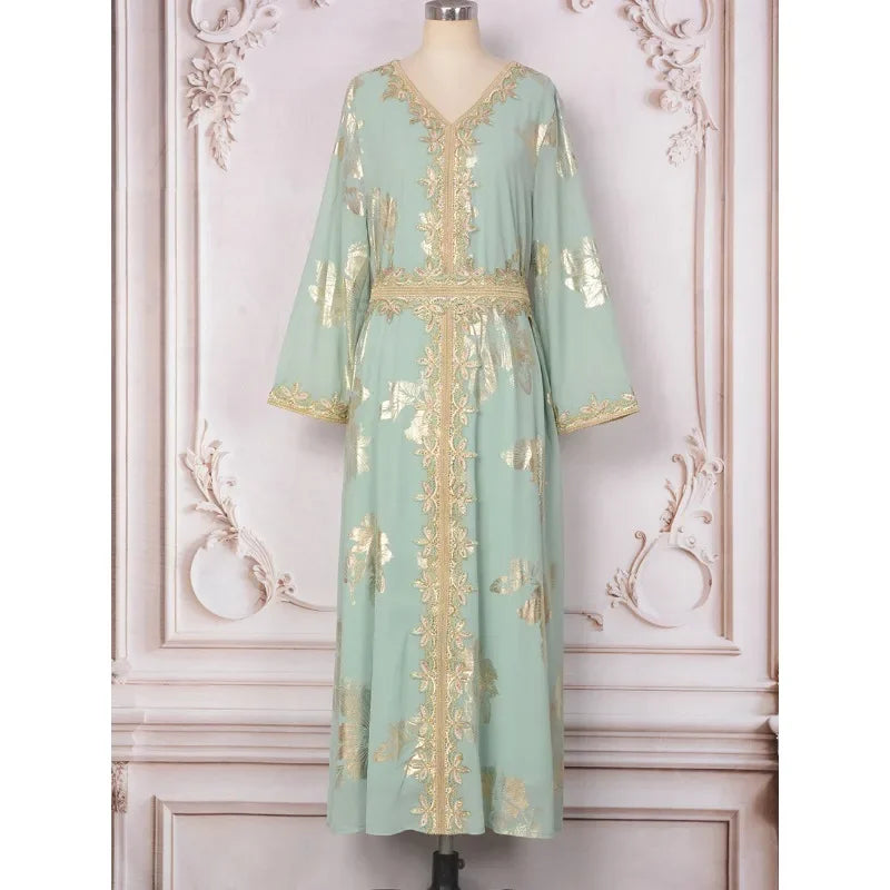 KAF Fashion Women Dress 2025 Spring New V-neck Long-sleeved Printing Hot Stamping Design Loose Large Size Female Party Dresses