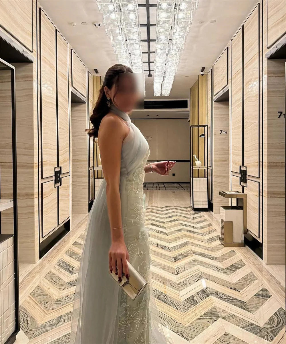 Mila Green رسن الرقبة غمد فساتين السهرة الدانتيل والتطريز فساتين الحفلات زهرة مخصصة 2025 جديد في الفساتين