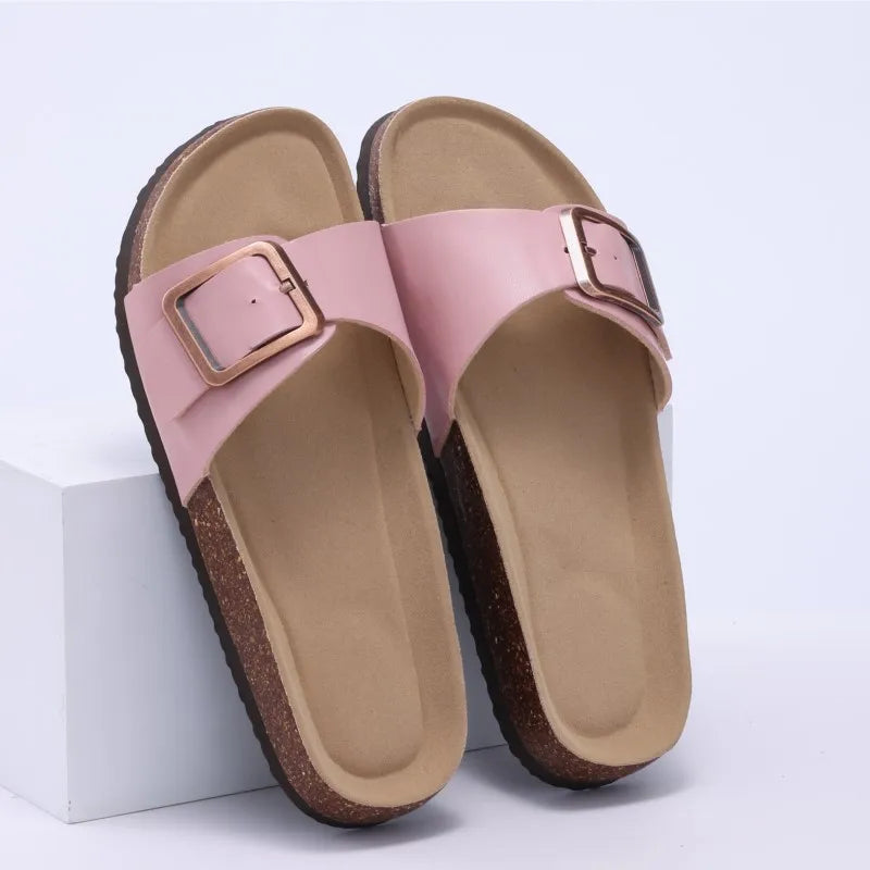Crestar Women's Summer Cork Slippers 2025 New Outdoor Beach Flip Flops Fashion Leather Orthopedic Sandals With Adjustable Buckle