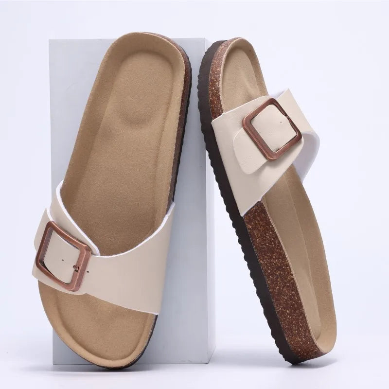 Crestar Women's Summer Cork Slippers 2025 New Outdoor Beach Flip Flops Fashion Leather Orthopedic Sandals With Adjustable Buckle