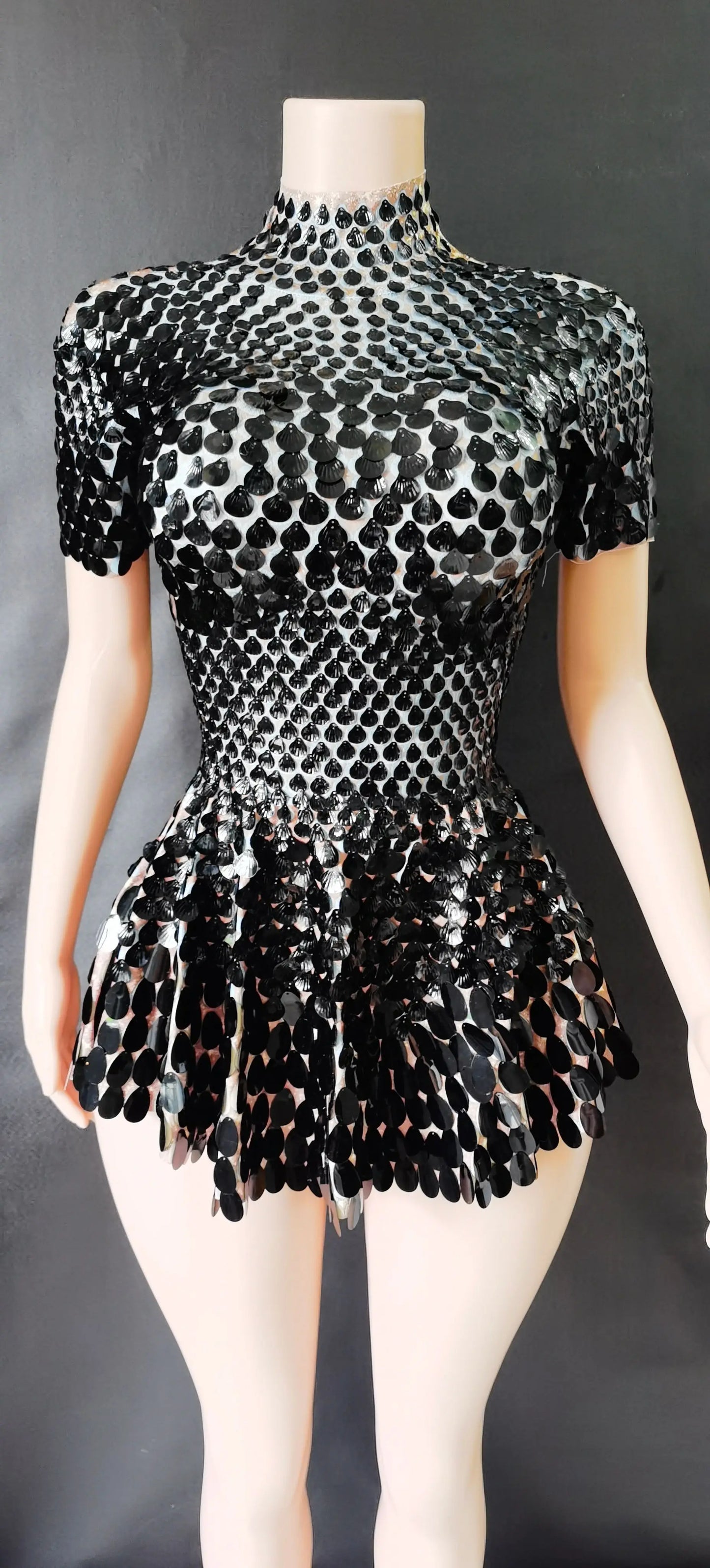 Sexy Black Shell Sequins Mini Dress – Stage, Club & Birthday Performance Wear