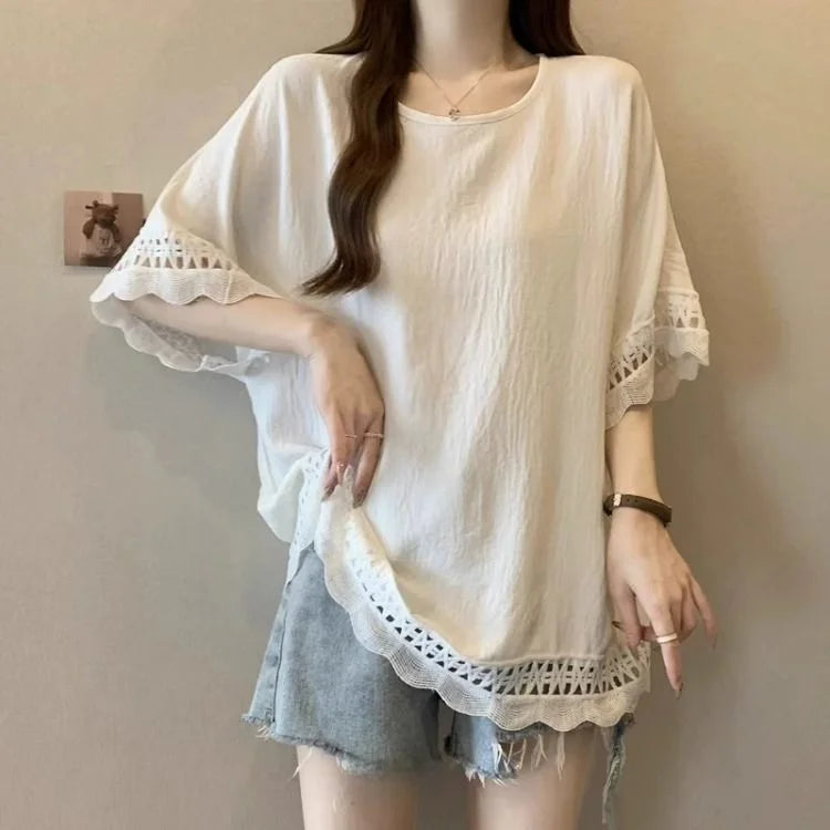 Lace Hollow out Texture ort Sve Women's T-irt Summer plus Size Conceals Belly Slimming Faionable Top Korean Sle