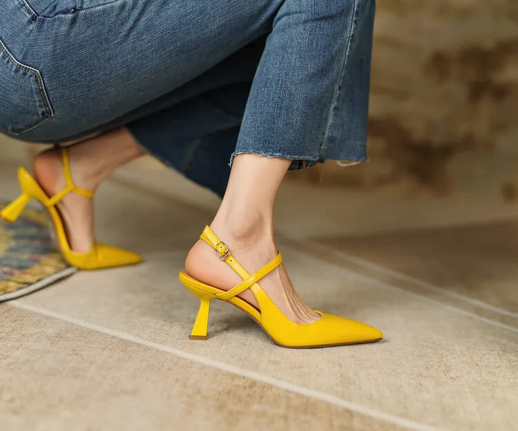 Summer Women Shoes Pointed Toe Thin Heel Women Sandals Genuine Leather Shoes for Women Slingback Elegant High Heels Party Shoes