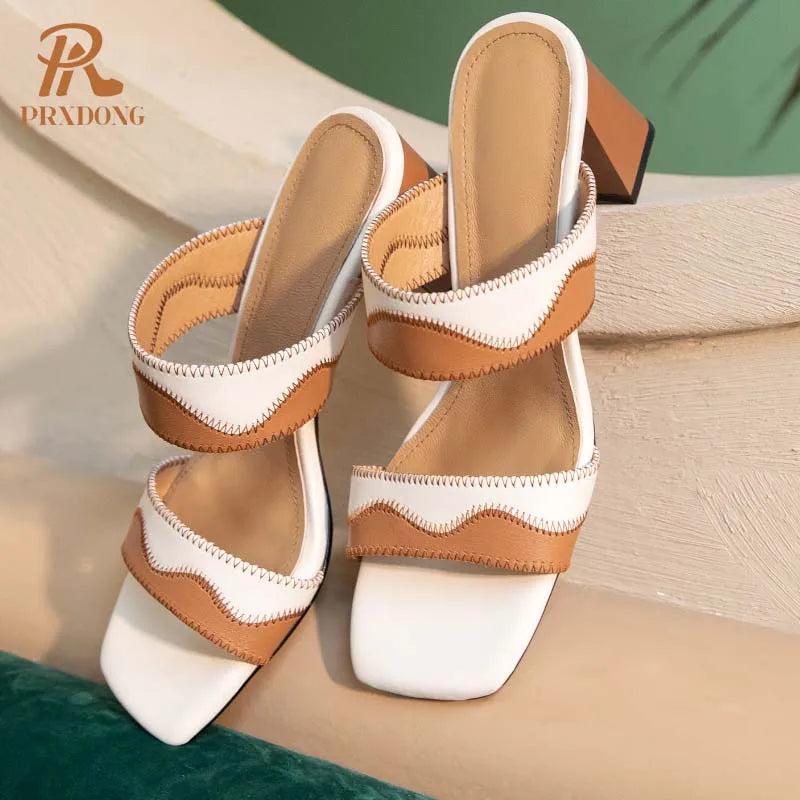 GrabliWorld Women’s Genuine Leather Medium Heel Open Toe Sandals – Summer 2025