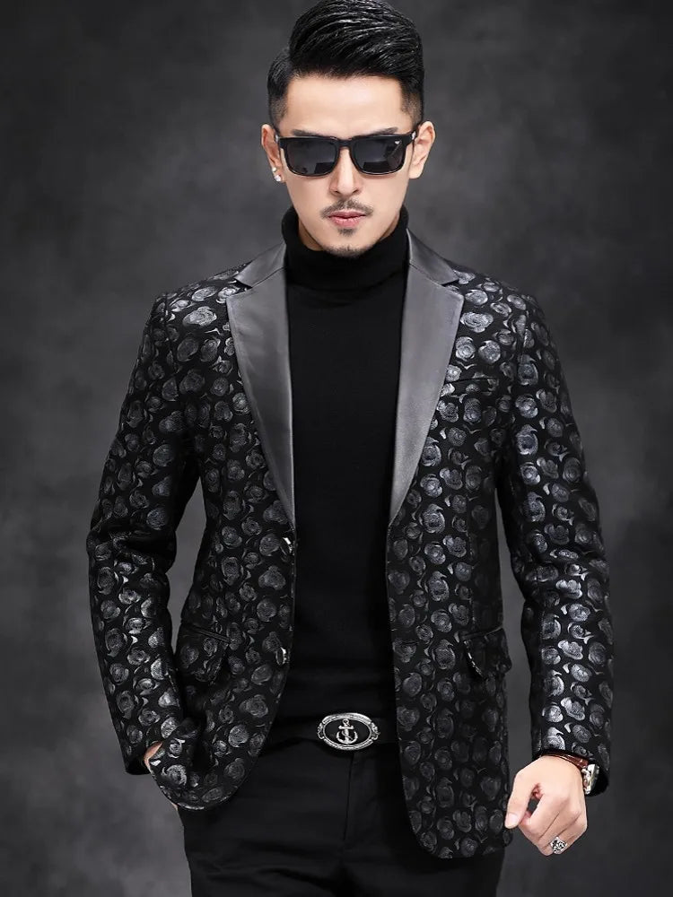 New Designer Business Men Work Floral Printed Blazer Suit Coat Autumn Slim Fit Single Breasted Sheepskin Genuine Leather Jacket