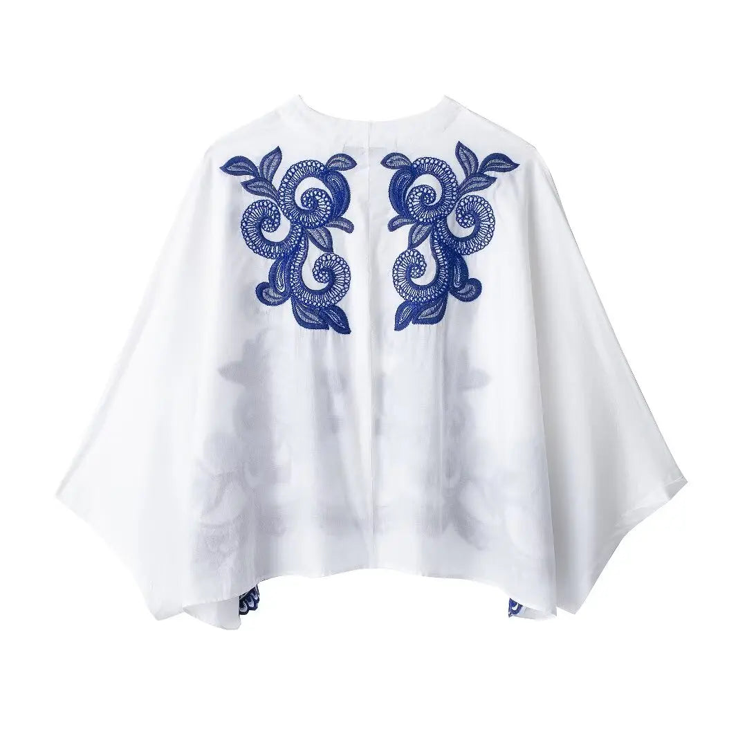 TRAFZA 2024 Women Skirt Set Blue Embroidery Three Quarter Bat Sleeve Shirt +Folds A Line Long Skirt Casual Loose Beach Holiday