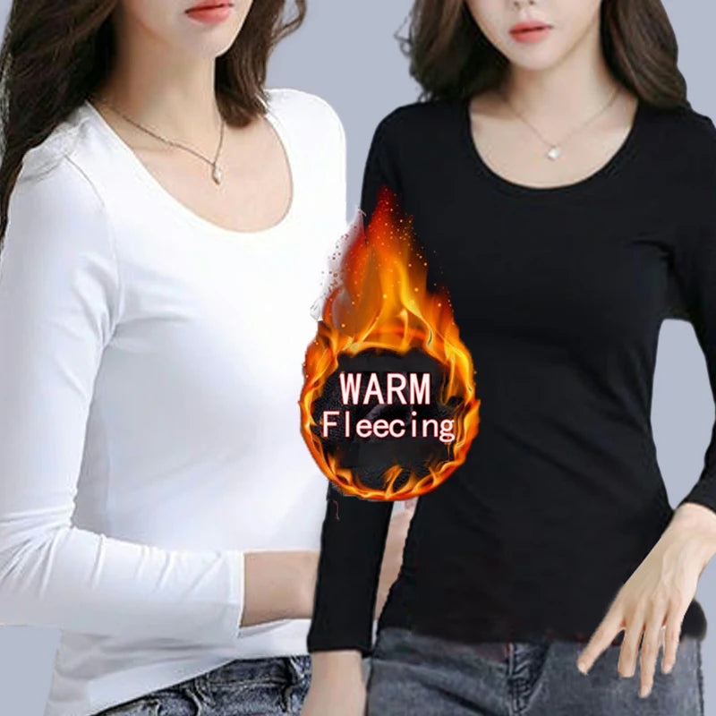 O Neck Long Sleeve Fleeceing Heating Fiber Thermal Basic T-Shirts Women Winter Bottoming Cropped Tops Casual Skinny All-match