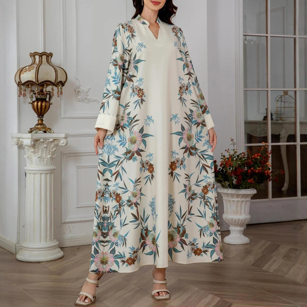 Rafiah Summer Dress 2025 Women's Arabian Elegant Botanical Print Rolled Long Sleeve Half Open Collar A-Line Midi Dress