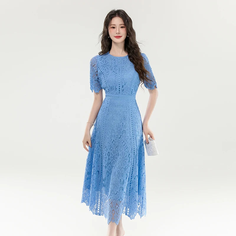 2025 New Summer French Elegant Fashion Evening Dress Women Lace Hollow Out Crochet Party Dress Casual Chic Holidays Clothing