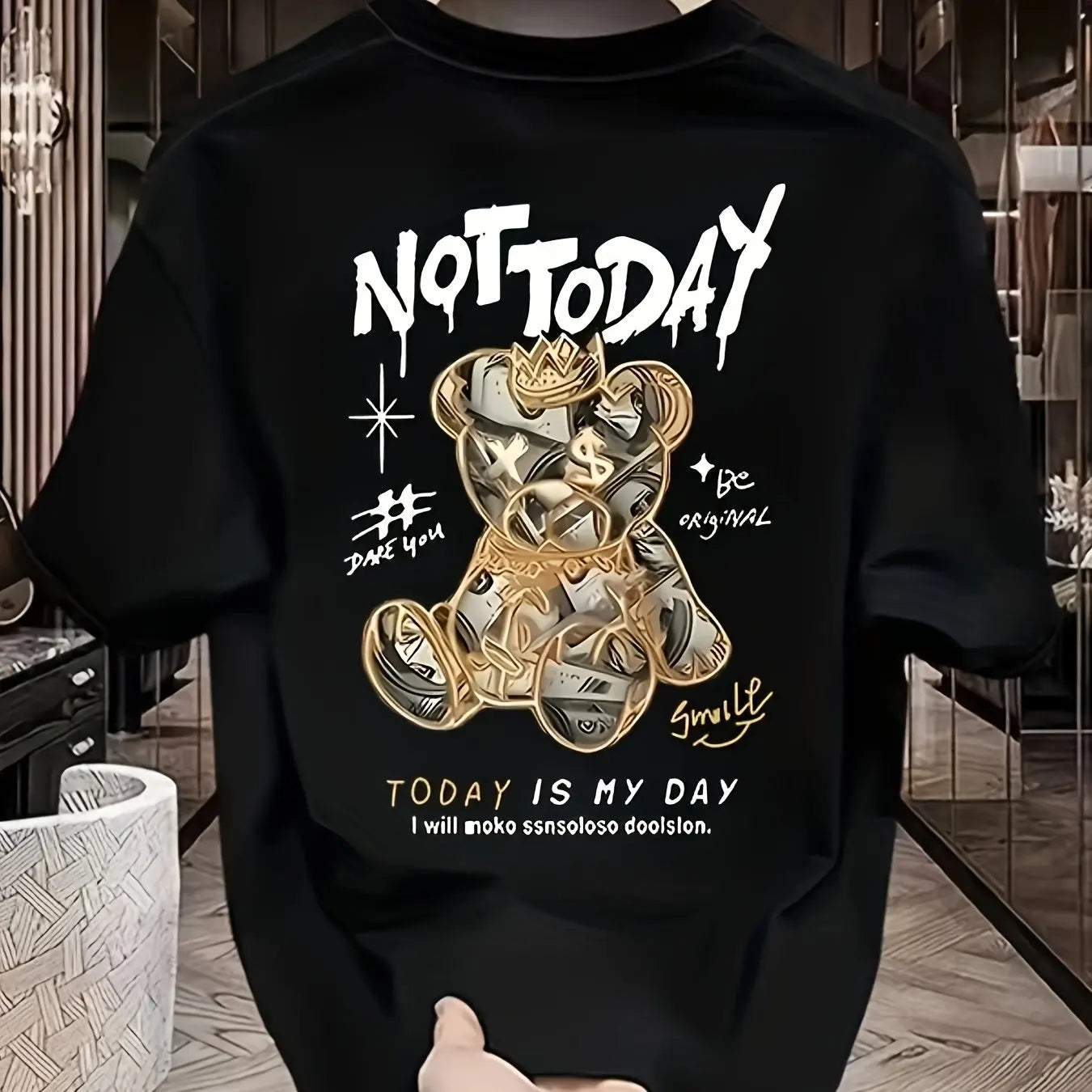 Men's summer 100% pure cotton fashionable casual sports loose cartoon bear 🐻 “Not Today” pattern printed round neck short sleeved T-shirt top