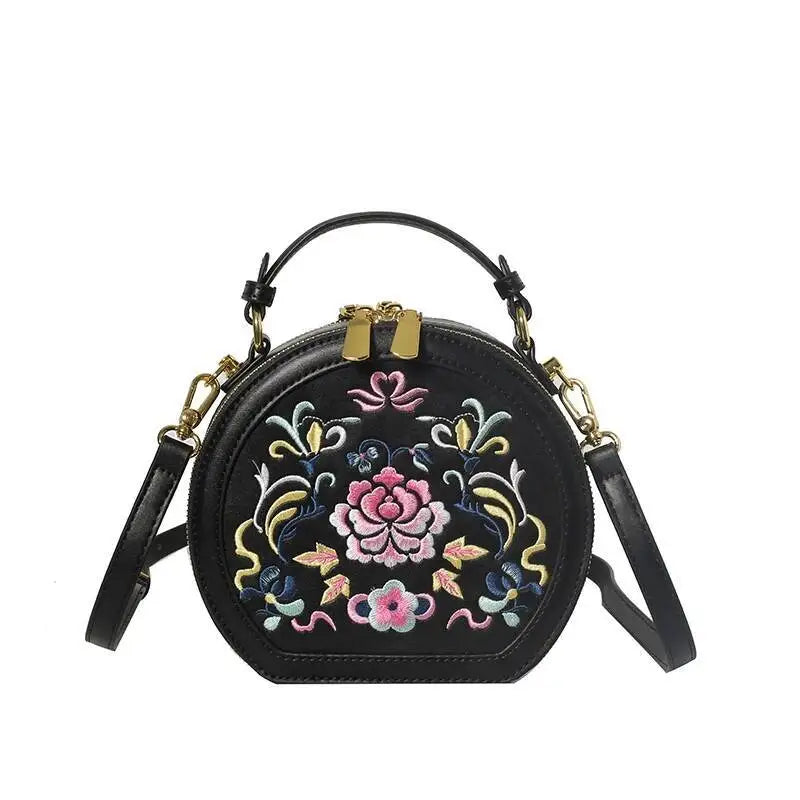 MOTAORA Small Round Women's Shoulder Bag Handmade Leather Embroidered Floral Purse for Teenage Girls Crossbody Bags