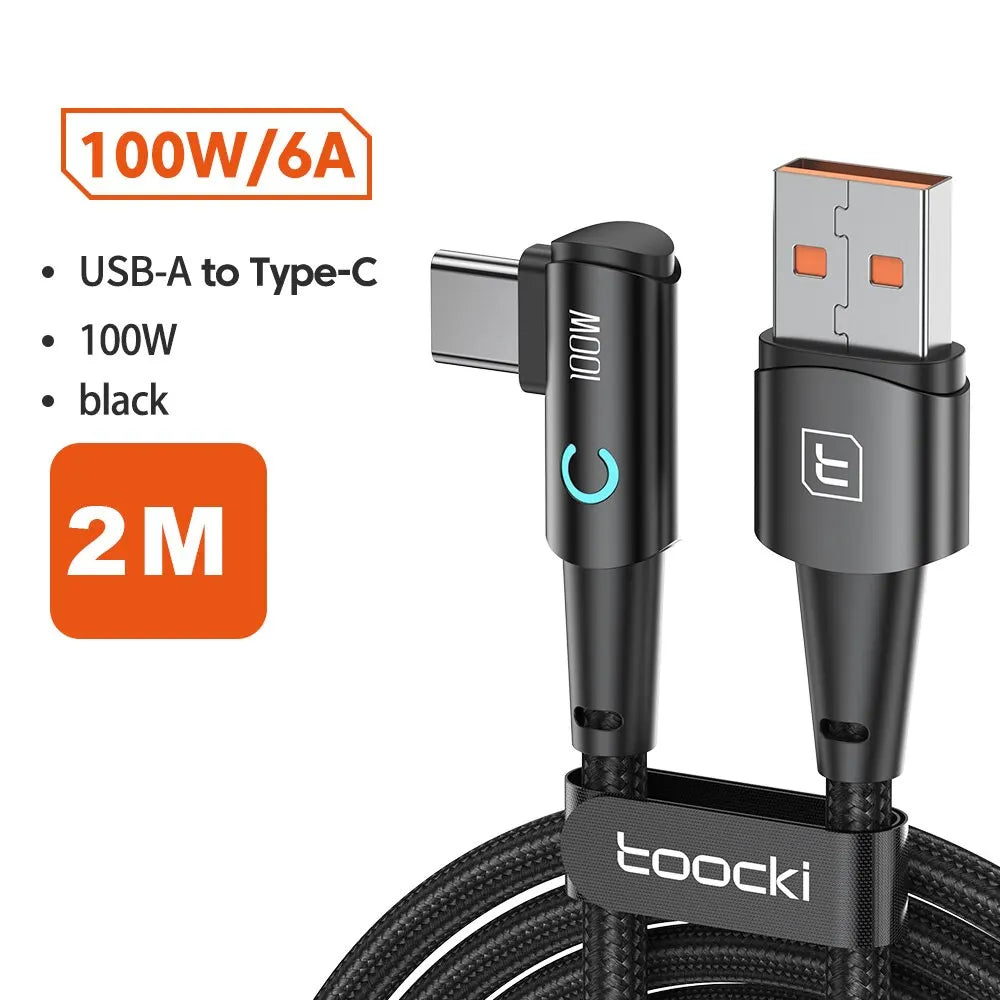 كابل Toocki 6A USB C بزاوية 90 درجة لشحن سريع 100 واط لهاتف OPPO وHonor وHuawei وOneplus وRealme وسلك بيانات الشاحن