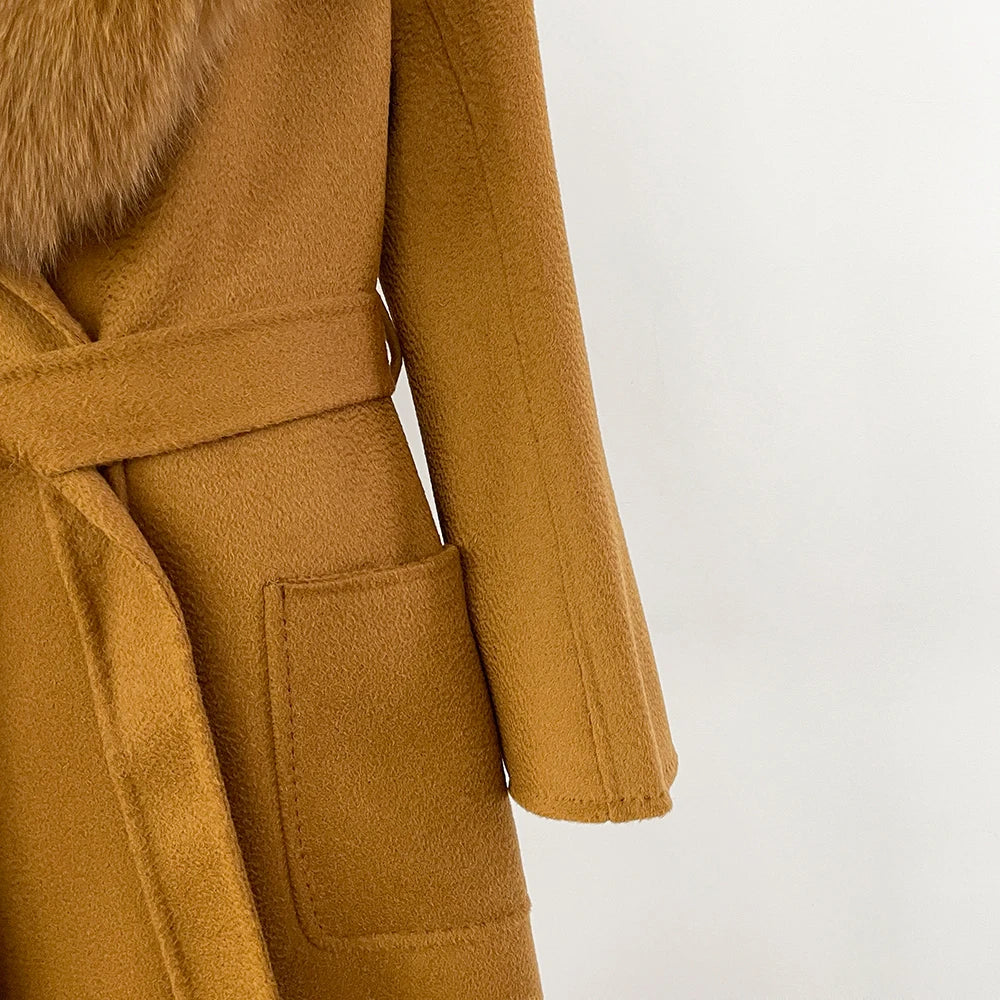 GENHUA 2025 New Casual Fur Coat for Ladies Winter Wool Long Fur Ladies Natural Real Fox Fur Collar Jacket for Ladies Warm Coat