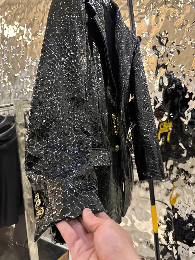 Luxury Mens Genuine Leather Coat Long Sleeve Turn-Down Collar Designer New Fashion Casual Snake Pattern Sheepskin Suit Jacket