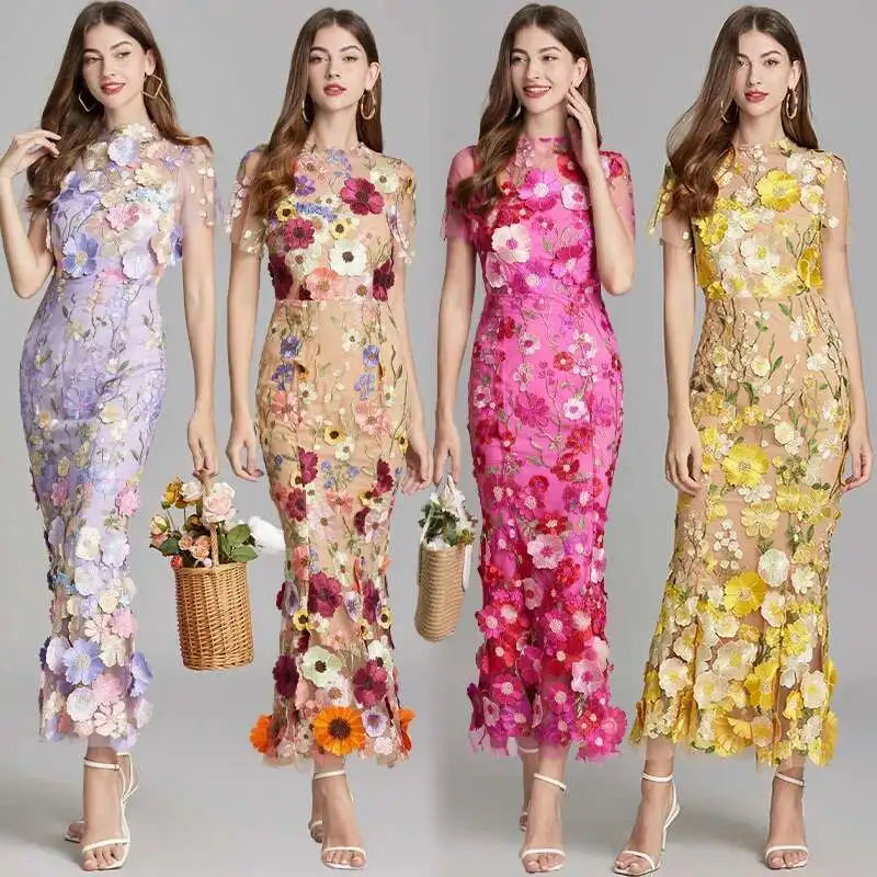 French Luxury 3D Flower Fishtail Lace Prom Dress – Women's Summer Short Sleeve Midi Evening Dress