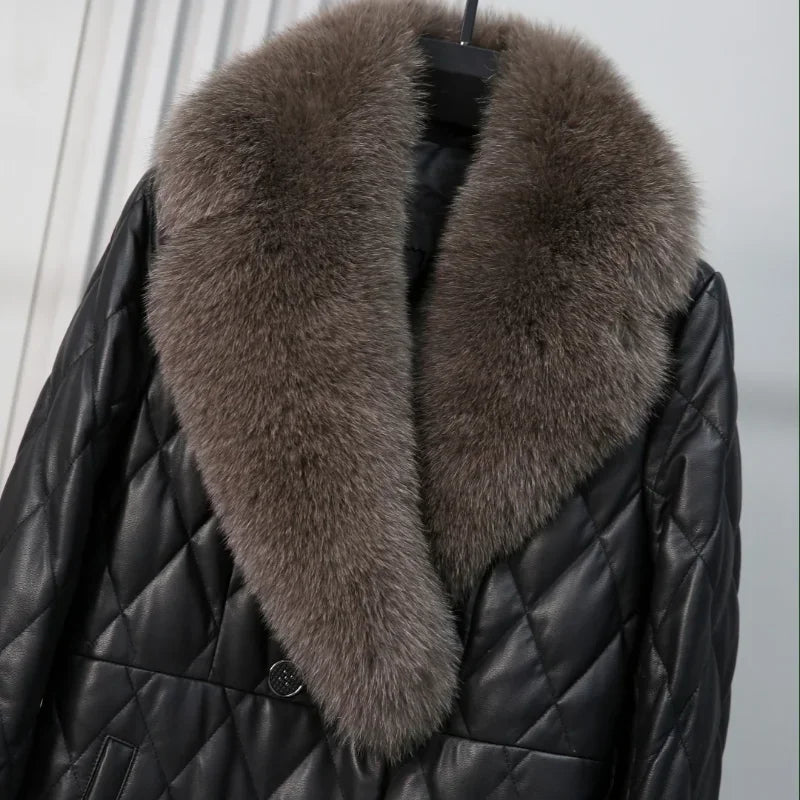 Tcyeek Winter Natural Fox Fur Collar Coat Mid-long Slim Sheepskin Coats Women Clothes Real Leather Down Jacket Lady Veste Femme