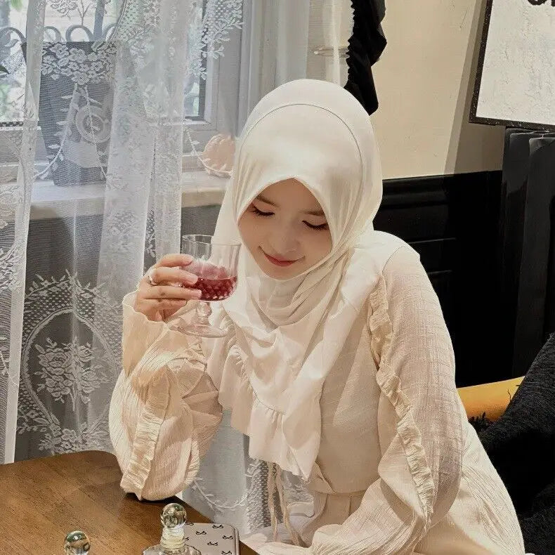 Muslim Hijab for Women Ruffle Turban Islamic Headwraps Arab Headband Big Khimar One Piece Scarf Shawl Solid Color